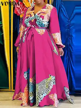 Женское осеннее платье с длинными рукавами размера плюс 2024, Богемный сарафан VONDA, повседневный сарафан с V-образным вырезом и винтажным принтом, халат с поясом