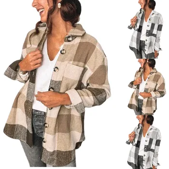 Женские рубашки, модная верхняя одежда с клетчатым принтом, длинный рукав, куртка с лацканами и пуговицами, тренч с карманами