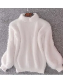 Белый мохеровый утолщенный свитер с высоким воротом Осень Зима Милая мода Рукав фонарь Повседневный однотонный пуловер pull femme