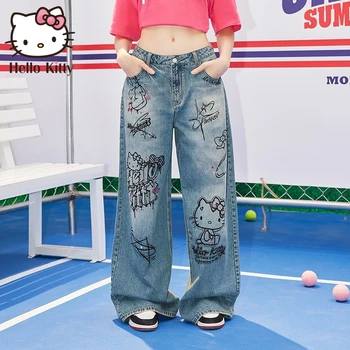 Женские джинсы Sanrio Hot Diamond Hello Kitty с граффити, джинсовые брюки American High Street Girl, новые свободные повседневные широкие брюки в подарок