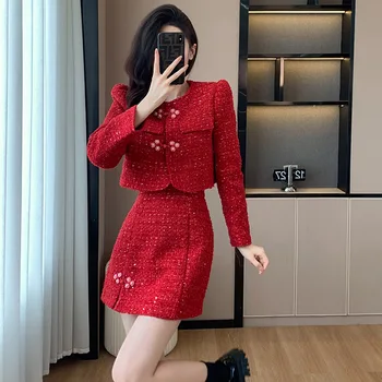 Французское облегающее однотонное красное платье, короткая блузка из двух частей и мини-платье трапециевидной формы, осенне-зимнее новое шикарное и элегантное женское платье