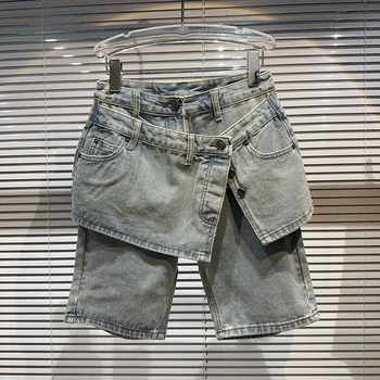 Новая летняя коллекция 2023 года, Однобортные Пуговицы, искусственные Джинсы Длиной до колен из двух частей, женские джинсовые брюки