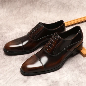 Деловые Мужские туфли-оксфорды, дышащие Мужские модельные туфли из натуральной коровьей кожи, Черные, коричневые Свадебные Мужские официальные туфли на шнуровке