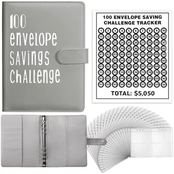 100 конвертов в переплете формата А5, экономящий бюджетный переплет - сэкономьте 5 050 долларов с помощью Money Saving Challenge Grey