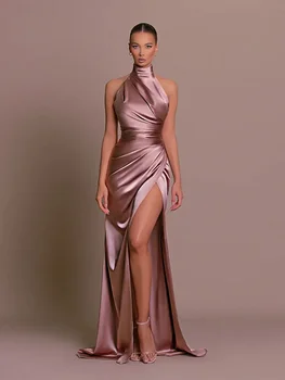 Элегантное однотонное атласное платье Макси с разрезом, женское модное плиссированное платье без рукавов с воротником-стойкой, 2023, женский роскошный банкетный вечерний халат