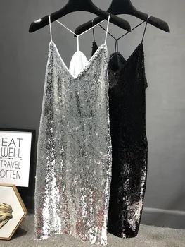Чистое красное сексуальное ночное шоу 2022, летняя новая юбка на подтяжках с блестками, черное женское платье средней длины
