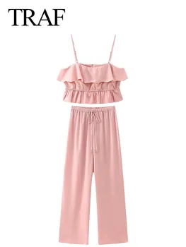 Женский модный весенний костюм TRAF, розовый укороченный топ без рукавов с открытой спиной и складками на молнии + Широкие брюки с высокой талией и завязками