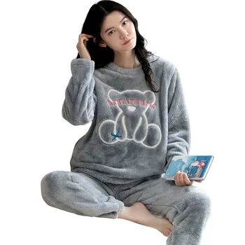 Женские зимние фланелевые пижамные комплекты, пижамный комплект с милым принтом, топ и брюки с длинными рукавами, подходящий для домашней одежды