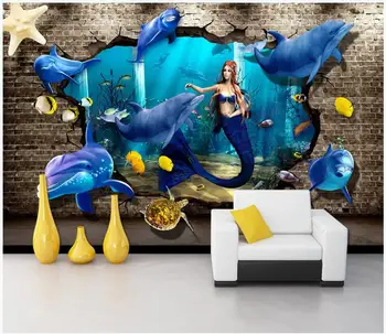 3d фотообои на заказ фреска Подводный мир Дельфин Черепаха Русалка декор гостиной 3d настенные фрески обои для стен 3 d