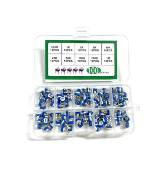 100шт 10 видов спецификаций RM065, синие и белые регулируемые резисторы, 6 мм, ассортимент, коробка, набор, 100ШТ
