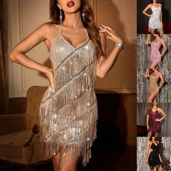 Женское сексуальное облегающее мини-платье на бретельках с открытой спиной, модные блестки, кисточки, сращивание, V-образный вырез, бретельки-спагетти, вечернее платье для вечеринки