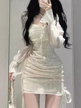 Французский Элегантный винтажный комплект из двух предметов, женское лоскутное мини-платье Y2k Sweet, костюмы, женская Корейская мода, шикарный комплект для вечеринки с бантом 2024