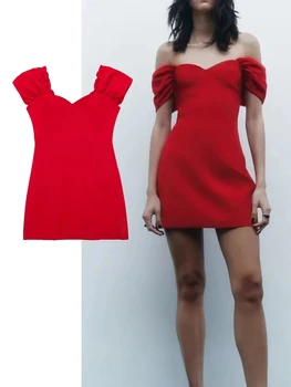 Женское модное красное платье без рукавов с открытыми плечами и винтажным V-образным вырезом на молнии сзади