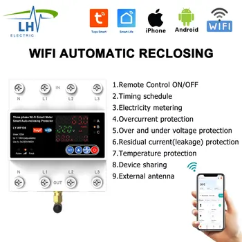 4P 100A Tuya WiFi Трехфазный Автоматический Выключатель Smart Life с Автоматическим Повторным включением Защиты От Перенапряжения Smart Meter Timer Switch Автоматический выключатель