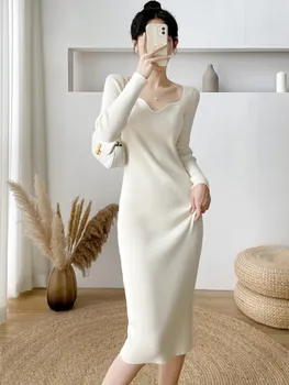 Что-то женское Осеннее вязаное платье с V-образным вырезом, сексуальное тонкое эластичное базовое облегающее платье Оверсайз, зимние вязаные теплые платья-свитера