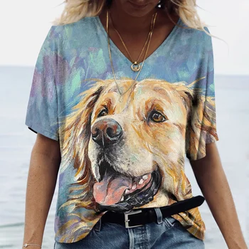 Модные женские футболки с 3D абстрактной графикой, футболки с принтом собаки, забавная одежда, V-образный вырез, Летние топы оверсайз с коротким рукавом, пуловер