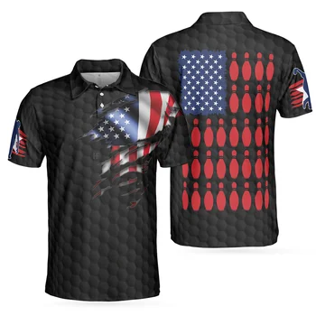 Мужская рубашка поло с американским флагом для боулинга 2023, Новые повседневные стрейчевые футболки с коротким рукавом, быстросохнущая дышащая спортивная одежда