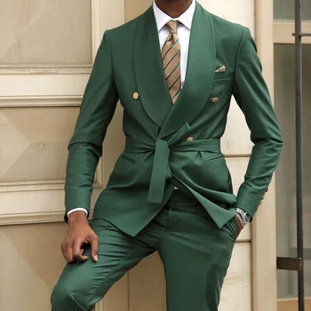Модная мужская одежда Двубортный костюм с лацканами и шалью, повседневный официальный смокинг жениха, мужской зеленый блейзер и брюки из 2 предметов