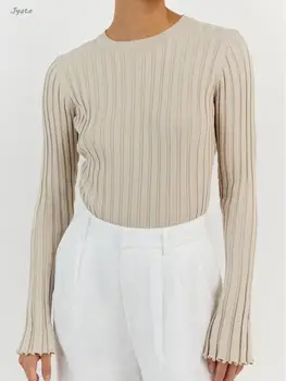Женская осенняя трикотажная футболка с расклешенными рукавами и круглым вырезом в полоску, женский топ, однотонные повседневные обтягивающие футболки, облегающий пуловер, свитер 2023 г.
