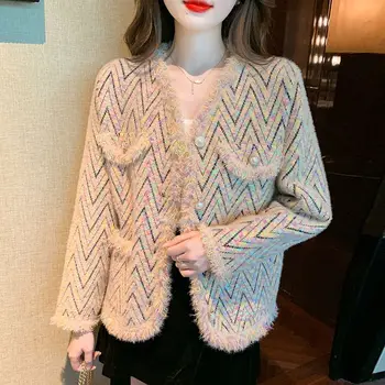 2023 Зимний женский свитер, вязаный кардиган с круглым вырезом, Классические винтажные вязаные свитера для женщин, Модный короткий кардиган, свитер