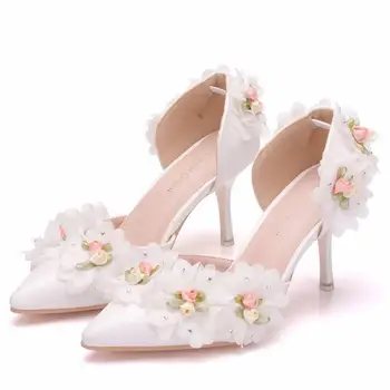 Летние новые свадебные туфли подружки невесты из искусственной кожи на шпильке с острым цветком, большие размеры, универсальные модные женские босоножки для банкета