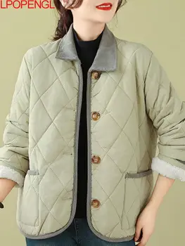 Осенне-зимний короткий пуховик с вельветовым воротником, хлопковая куртка, женская Корейская винтажная уличная одежда с блокировкой цвета, однобортный топ