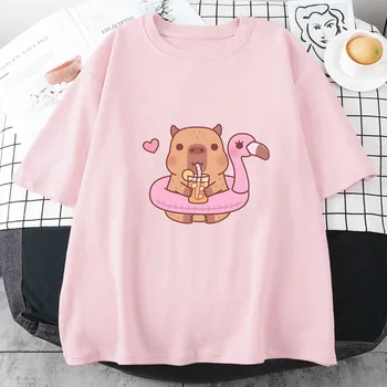 Женская футболка с короткими рукавами Capybara Loves Drinking Bubble Tea, Летняя футболка с Аниме-принтом Tide, Топы из 100% чистого хлопка С круглым вырезом