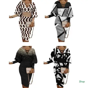 L5YC Женское сексуальное платье Миди с V-образным вырезом и пышным длинным рукавом с геометрическим принтом в стиле ампир с высокой талией Для офисных леди Облегающие платья