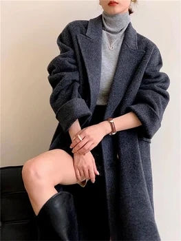 Зимнее простое шерстяное пальто с воротником в корейском стиле, длинное свободное двубортное шерстяное пальто, модное новое женское шерстяное пальто