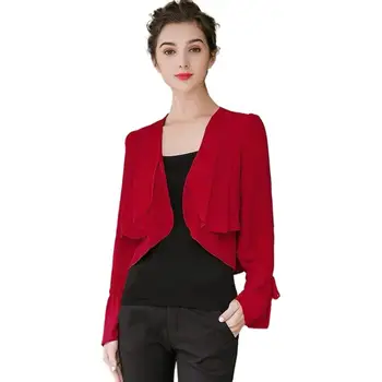 Женское тонкое шифоновое пальто с оборками на рукавах, тонкое офисное Кимоно, Кардиган, модные Элегантные женские рубашки, блузка, красная шифоновая блузка