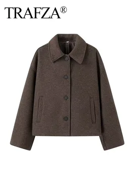 Женские винтажные куртки TRAFZA 2024, однотонный отложной воротник, Длинные рукава, Карманы, однобортные зимние повседневные пальто, женские модные
