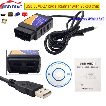 USB ELM327 V1.5 Сканер кода OBD2 ELM 327 USB V1.5 Диагностический кабель ELM-327 с чипом 25K80 Поддерживает Протоколы OBD2 для Win7 8 XP