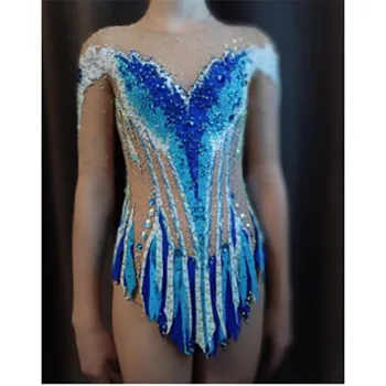 Костюм для художественной гимнастики Синий гимнастический костюм, гимнастическое трико на заказ, юбка для девочек, платье для конкурсных танцев