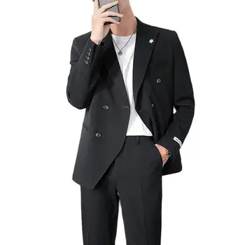 Мужские костюмы и блейзеры 2023 (Куртка + брюки) Черный Приталенный Двубортный Повседневный Свободный костюм В Корейском стиле, Однотонный