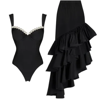 Декор из искусственного жемчуга, черное бикини, цельный купальник и юбка, Летние купальники, женская пляжная одежда