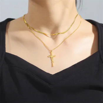 Модное ожерелье с подвеской в виде Креста Иисуса для женщин, цепочки в виде змей, ожерелье-ошейник, многослойные ювелирные изделия из нержавеющей стали, ожерелье для женщин