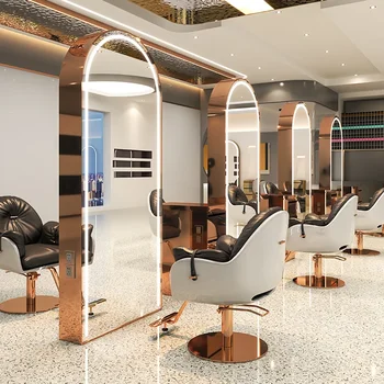 Современная латунная рама из нержавеющей стали двусторонняя салонная станция со светодиодной подсветкой парикмахерское зеркало длинное
