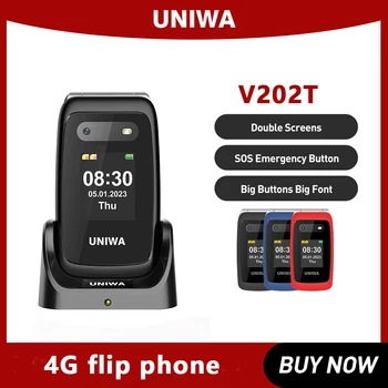 UNIWA V202T Флип-Телефон 4G 2,4-дюймовый Двойной Экран Кнопка Экстренного Вызова Функция Телефона 1450 мАч Большая Кнопка Для Пожилых людей