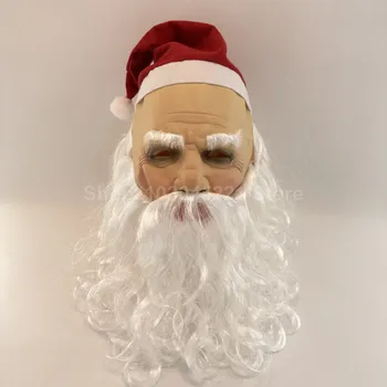 Рождественская ролевая маска Санта-Клауса, латексный головной убор, белая борода, дедушка, красная шляпа, латексная маска бабушки