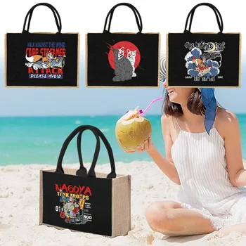 Джутовая сумка, сумка через плечо, имитация мешков из джута, Льняные сумки, женская сумка для покупок, дизайнерские ламинированные сумки, японская маска, Новый стиль