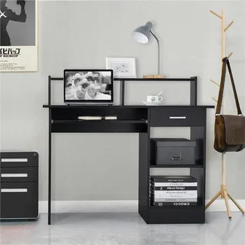 Компьютерный стол Smile Mart для домашнего офиса из дерева с выдвижными ящиками и подставкой для клавиатуры, черный
