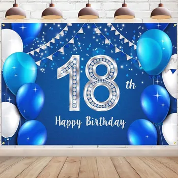 Фон для украшения баннера Happy 18th Birthday 18 лет Синий серебристый фон для фотосъемки Принадлежности для вечеринок для девочек и мальчиков