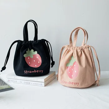 Маленькая тканевая сумка, женская сумка-тоут, сумки для еды, мини-холщовая сумка на шнурке, женская мультяшная сумочка с клубникой, сумка-ведро, ланч-бокс