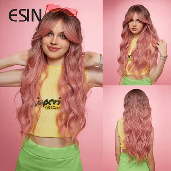 ESIN Синтетический длинный топ с эффектом омбре от черного до розового цвета, парики с волнами воды для женщин, косплей-вечеринки, натуральные парики на каждый день, термостойкие