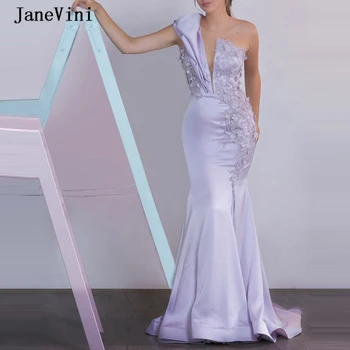 JaneVini Элегантные Светло-фиолетовые длинные платья русалки на выпускной с одним плечом, украшенные цветами ручной работы, украшенные бисером, со шлейфом, Атласное женское вечернее платье