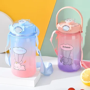 Градиентная спортивная бутылка для воды объемом 1000 мл, милая мультяшная детская соломенная чашка для переноски, пластиковая чашка для воды