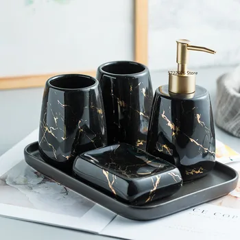Высококачественные керамические принадлежности для ванной комнаты / набор для мытья / креативная бутылка лосьона серии black marble / мыльница / поднос / ванная комната