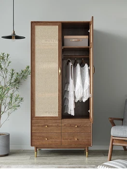 Скандинавский двухдверный шкаф из массива дерева, плетеный из ротанга, для мелкого домашнего использования, шкаф для одежды, ретро встроенный подвесной шкаф
