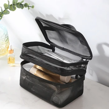 Портативная дорожная 2-слойная косметичка-органайзер, прозрачная складная сетчатая сумка для хранения на молнии, сумка для набора для мытья макияжа большой емкости