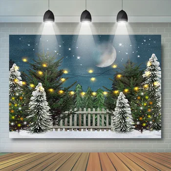Рождественский фон для вечеринки с Луной, Ночное небо, Звезды, Ночные фоны, Рождественский забор в лесу, Украшение Фотобудки, Фотоколл